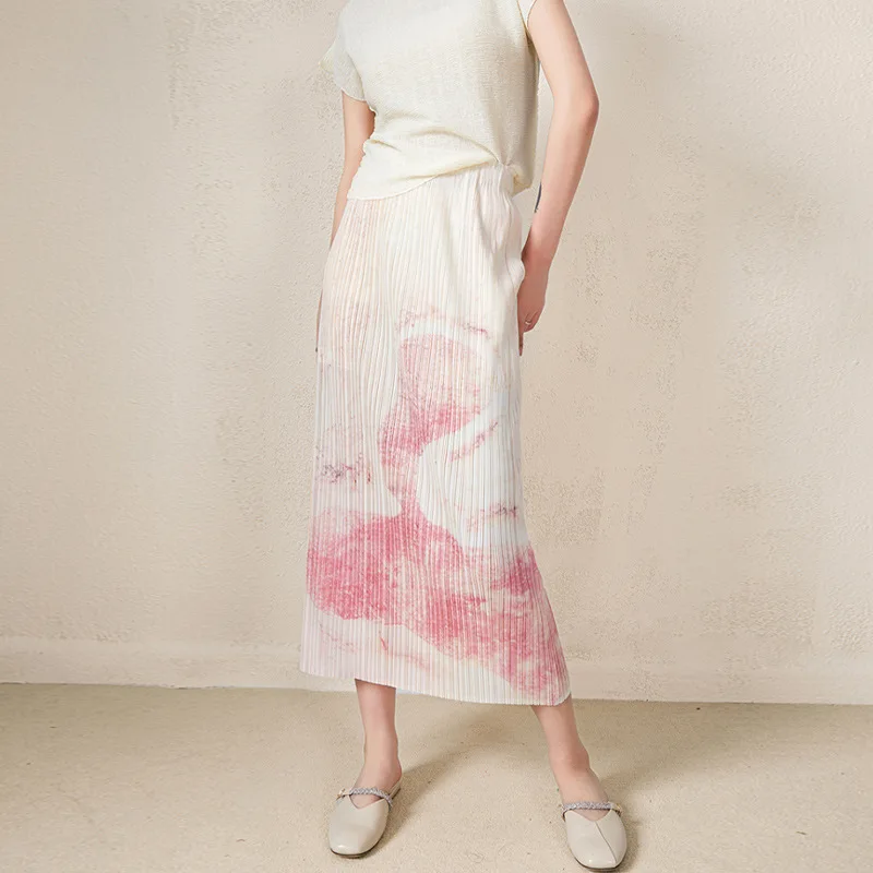 Miyake pleated hip skirt women's high-end commuting light familiar style summer Hong Kong flavor pink sweet skirt