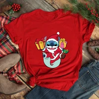 funny stitch santa claus print t shirt women cute christmas clothes red o neck short sleeve tops xmas fashion camiseta mujer