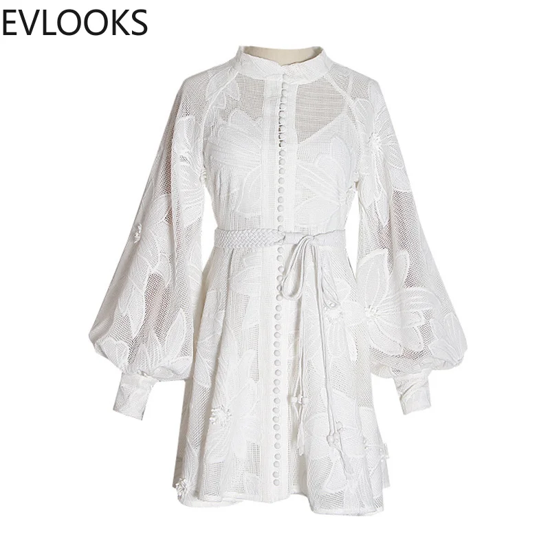 

EVLOOKS Elegant Spring Dress For Women Stand Collar Long Sleeve High Waist White Mini Dresses Female Fashion New Clothing