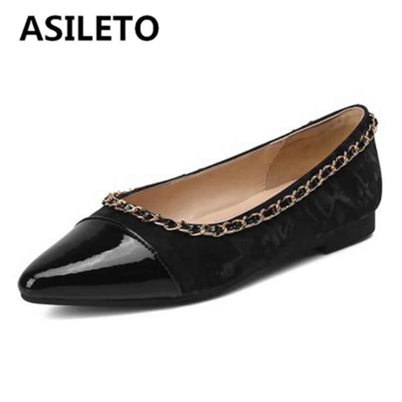 

ASILETO Spring Concise Woman Pointed Toe Flats Splice Black Silver Cow Leather Slip-on Metal Decoration Size 34-40 Cool S2998