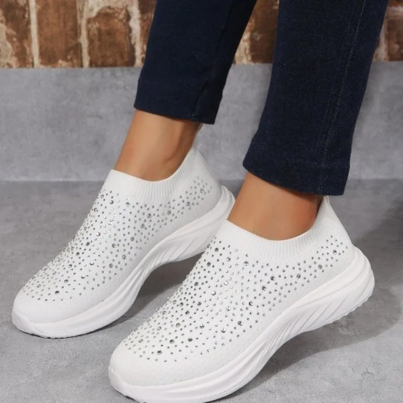 Knit Mesh Crystal Sneakers Women Comfortable Breathable Flats Shoes for Women 2023 Slip on Plus Size Casual Shoes Female