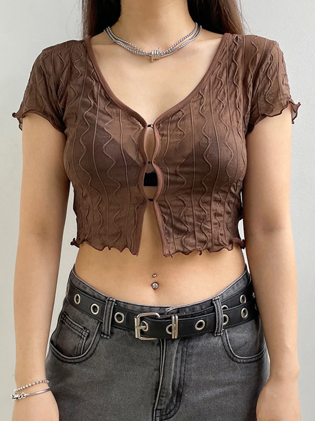 

Vintage Crop Tops Women Casual Y2K Brown T-Shirt Short Sleeves Ruffle Trim Tshirts Summer Aesthetic See Through Tee Top Femme