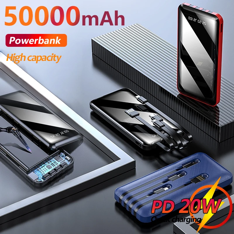 

50000mAh Portable Power Bank Fast Charging with LCD Digital Display LED Flashlight Built-in 4 Cables Portable External Battery
