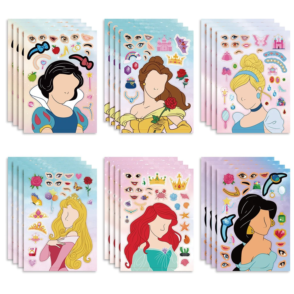 

6/12Sheets Disney Princess Children Puzzle Stickers Make-a-Face Funny Assemble Jigsaw Cute Cartoon Sticker Kids Educational Toys