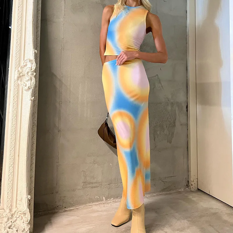 

Sleeveless Crop Top Shirts And Midi Skirts Y2K Print Women Two Piece Set Sexy Club Outfits Party 2022 Summer