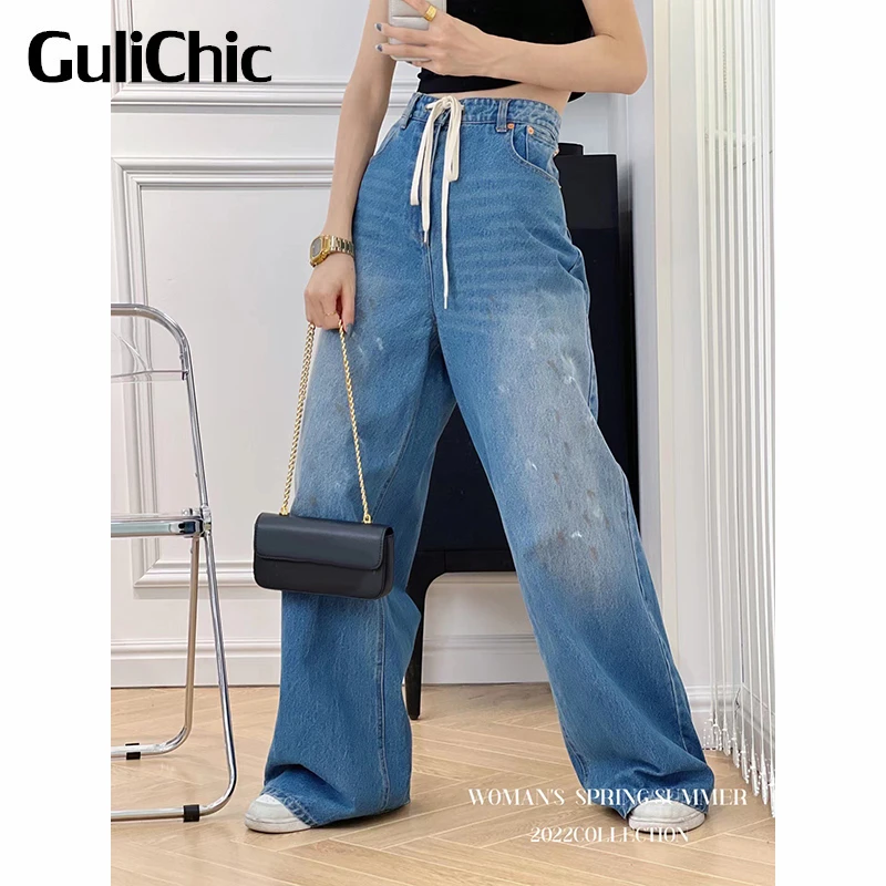 

3,5 GuliChic модные Выбеленные хлопковые джинсы с широкими штанинами