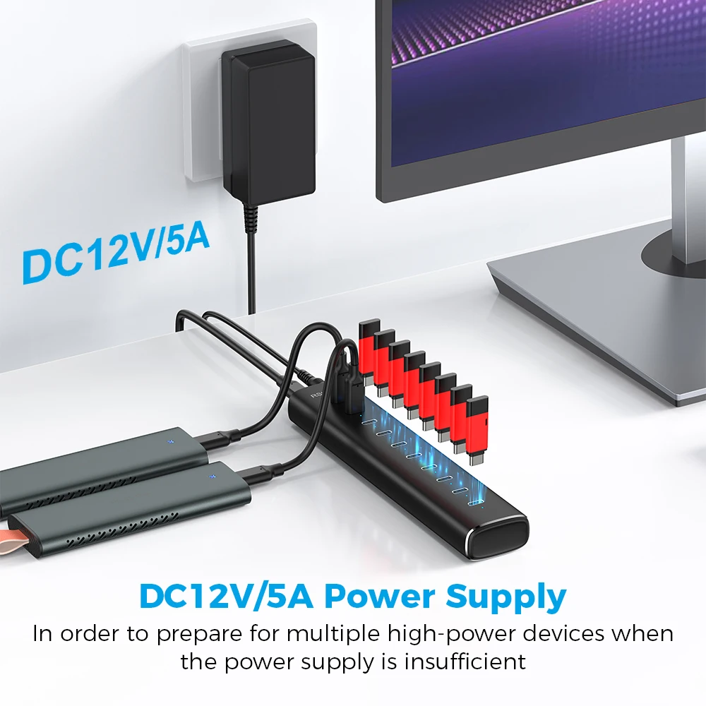 Фото RSHTECH 10-портовый USB 3.2 хаб Type-C с портами для передачи данных 10 Гбит/с и адаптером питания 12В/5А, алюминиевый USB-удлинитель для настольных ПК и ноутбуков №5