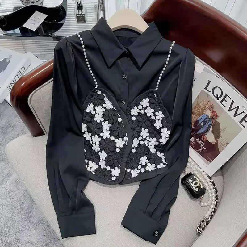 

DUOFAN Large Size Women Blouses New Heavy Industry Twig Color Contrast Shirt Lady Design Feeling Long-sleeved Spring Autumn Tops