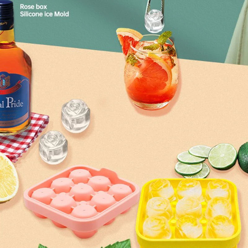 

Silicone Molds for Ice Cube with Lid 9 Holes Rose Flower Shape Reusable Ice Cube Tray Ice Cream Maker Tool Kitchen Accessories