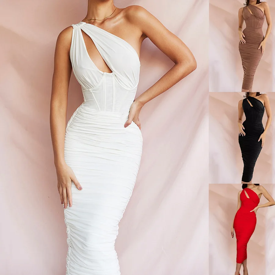 

European and American Sexy Dress Ladies Diagonal Shoulder Hollow Pleated Halter Skirt Bag Hip Dress