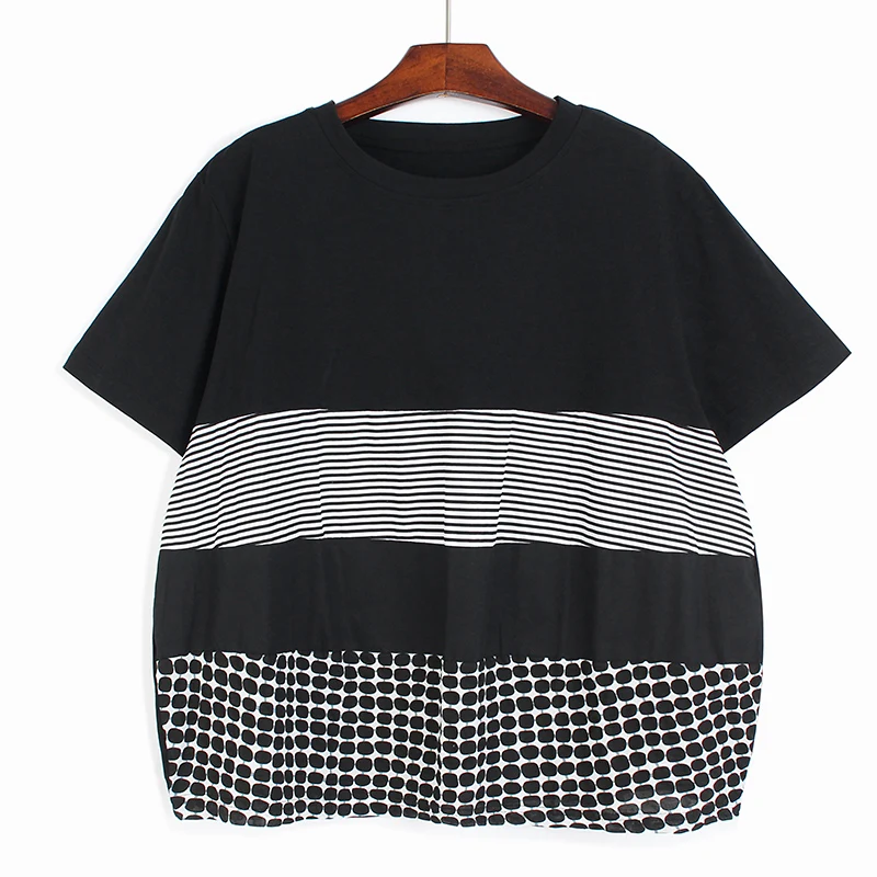 

220535 Women Black Dot Striped Big Size Casual T-shirt New Round Neck Short Sleeve Fashion Tide Spring Summer 2022