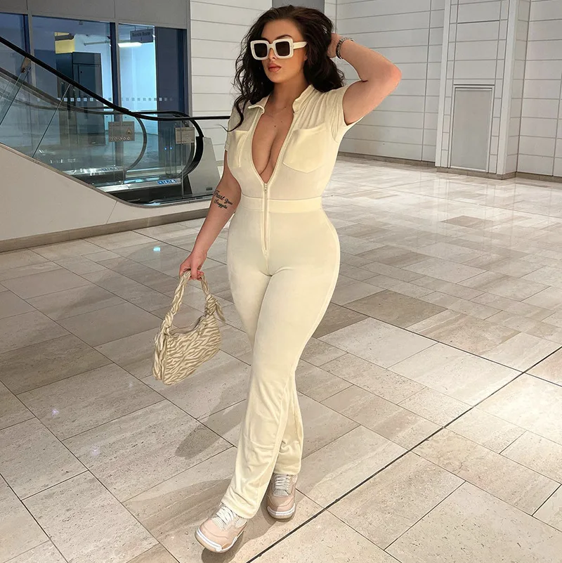 

FTS Lady Casual Romper Jumpsuit Solid Sexy Low Chest Zipper Short Sleeve Lapel Pocket Women One Piece Long Jumpsuit