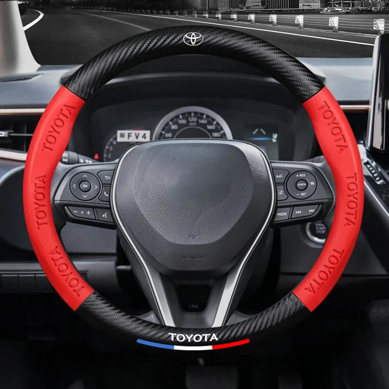 

Car Logo 3D Embossing Carbon Fiber Leather Car Steering Wheel Cover For Toyota Corolla Yaris Rav4 Avensis Auris Camry C-hr Prius