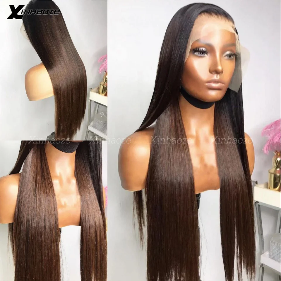 Ombre Dark Chestnut Brown Straight 5x5 Silk Top Wig Brazilian 13x6 Lace Frontal Wigs with Baby Hair Around Natural Hairline