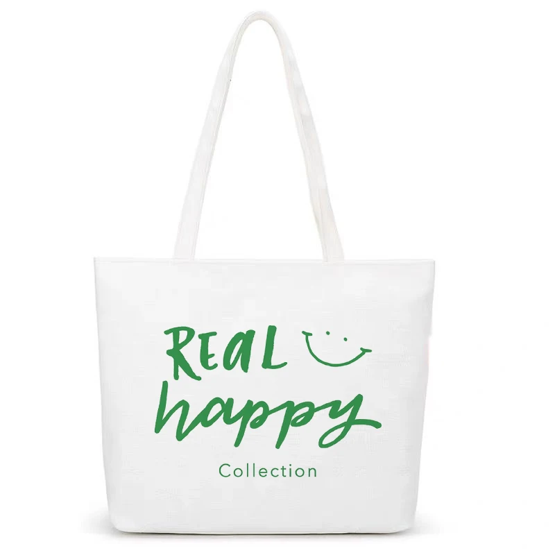 

Real Happy White Canvas Shopping Eco Reusable Foldable Large Shoulder Bag Cloth Cotton Fashion Tote Bag For Women Shopping Bags