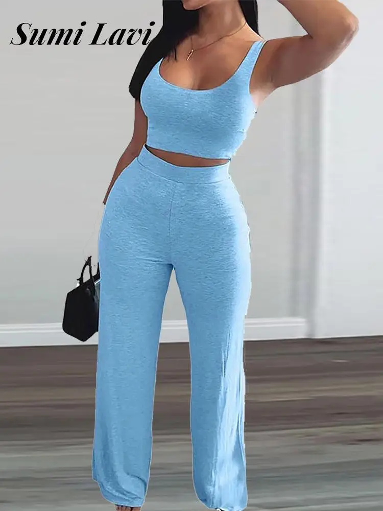 

2022 Summer Solid Two Piece Set Ladies Crop Short Tank & Long Pants Suits Women U Neck Crop Top Straight Long Pants Sportswear