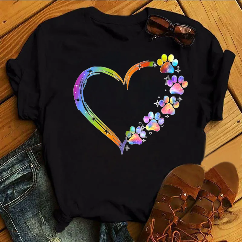 

Women T Shirt Cartoon Tops Colorful Heart Dog Paw Print T-shirt Female Summer T-shirt 90s Girls Short Sleeve Tee Black T-shirts