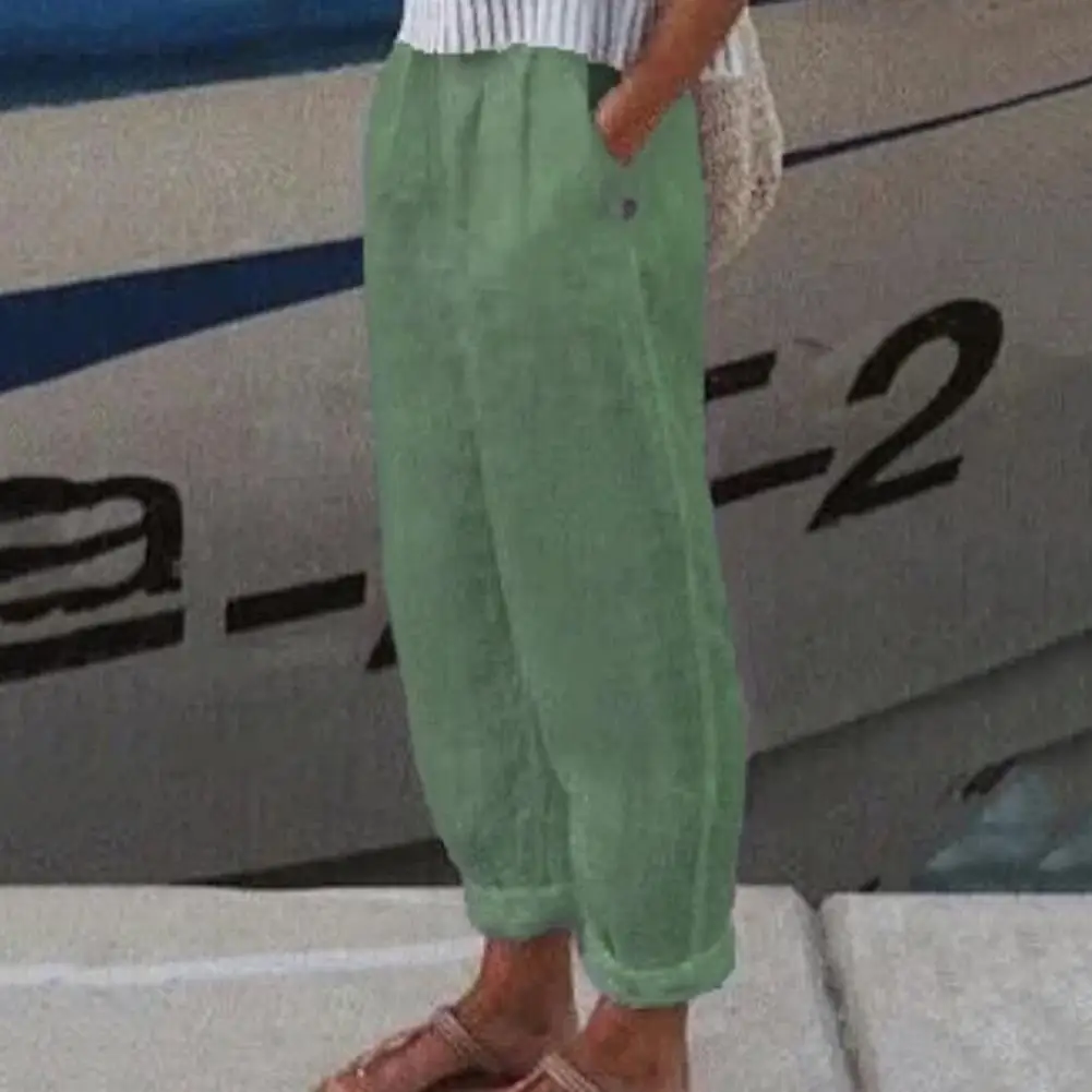 

High Waist Elastic Waistband Slant Pockets Retro Pants Women Vintage Loose Basic Straight Wide Leg Trousers Female Clothing