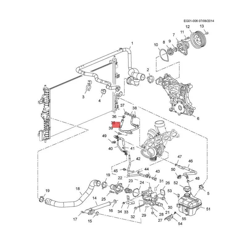 55572538 Детали двигателя возвратный шланг охлаждающей жидкости турбокомпрессора