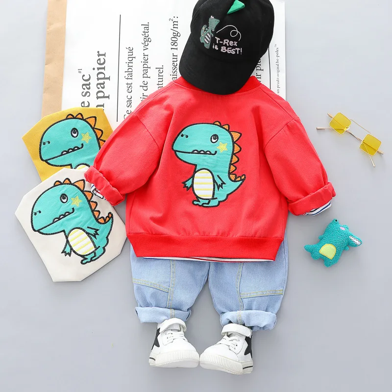 Baby Boys Girls Clothing Sets 2021 Spring Autumn Toddler Cartoon Dinosaur Coats Stripe T Shirt Jeans Children Kids Costume
