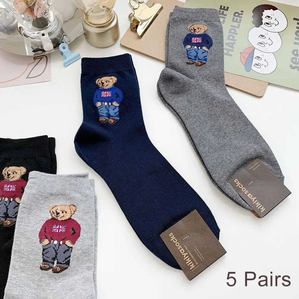 5 Pairs Bear Men's Socks Cotton Cartoon Gentleman Harajuku Skateboard Socks Winter Warm Novelty Breathable Sox Christmas Gift