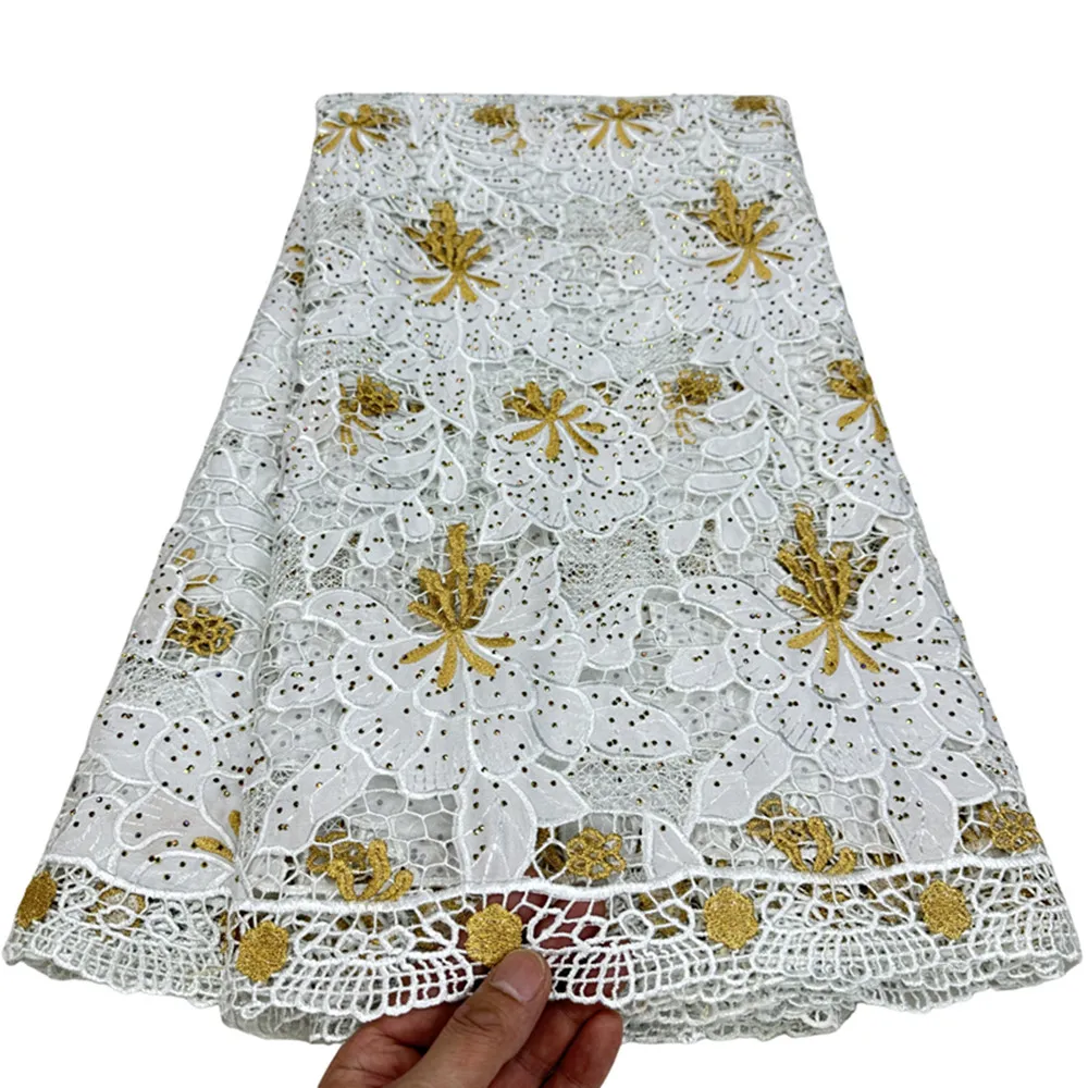 Najnowsza biała + złota szwajcarska koronka woalowa z kamienną gipiurą koronkowa tkanina 5 jardów afrykański haft bawełniana nigeryjska na