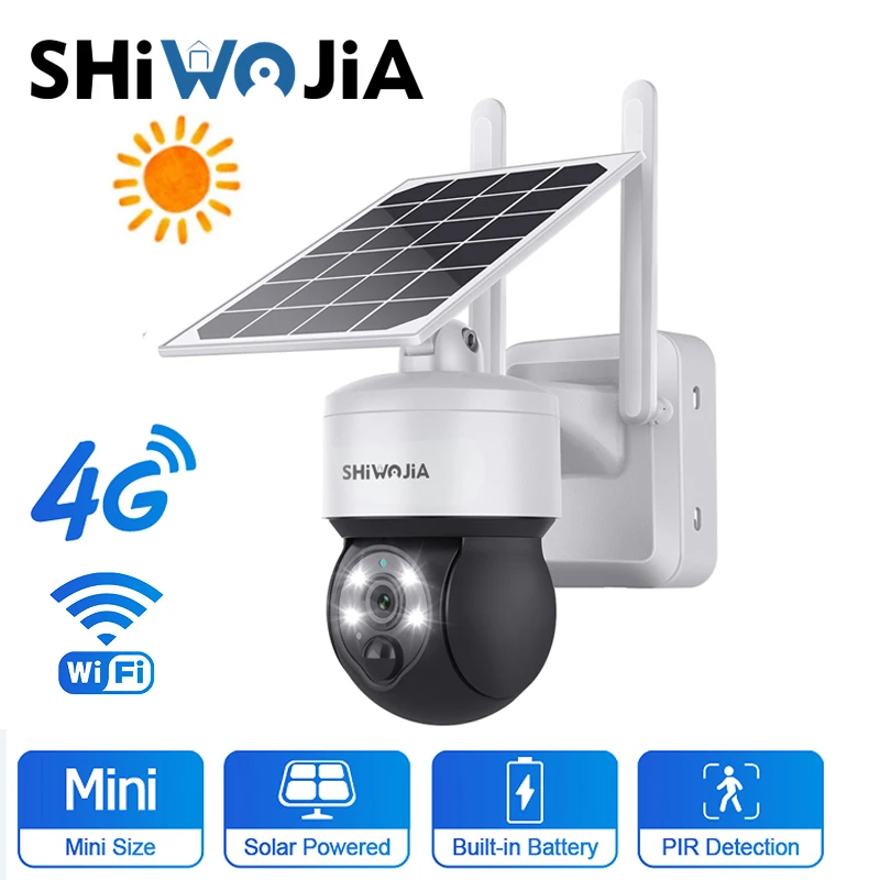 SHIWOJIA 4MP Solar Camera 4G/Wifi Outdoor Security Protection Solar Panel Surveillance with 7500mA Batterys PIR Detection Two Wa