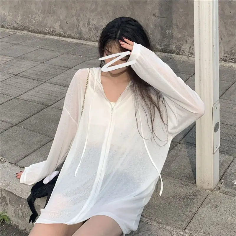 

Summer Sun Protection Clothing Women Outerwear Ice Silk Ultra-thin Hooded Cardigan Jacket Korean Version Long-sleeved Loose Top