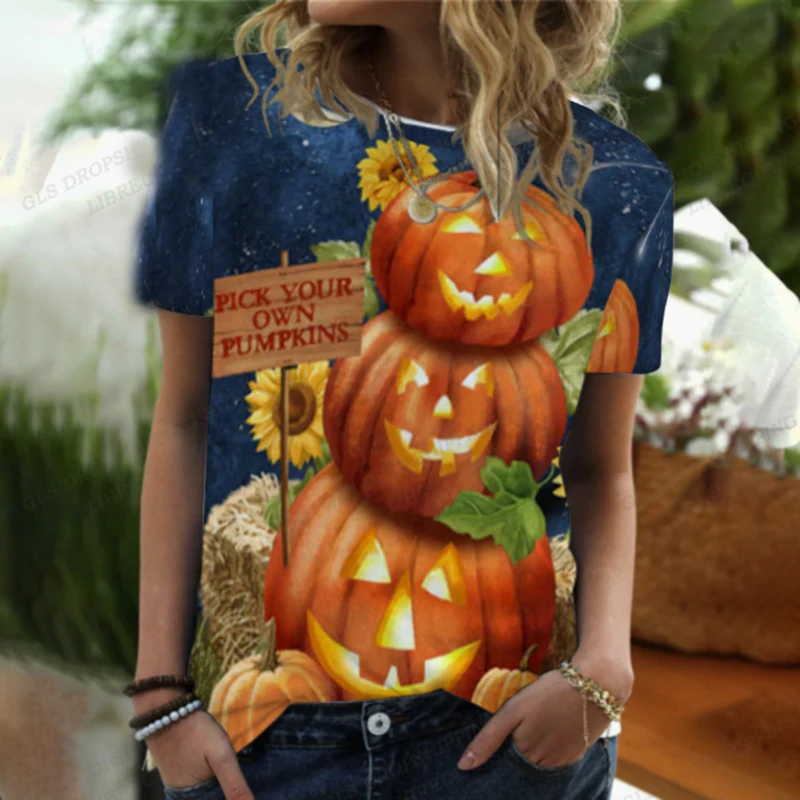 

Футболка женская с 3D-принтом тыквы, модный топ в стиле Харадзюку с круглым вырезом и коротким рукавом, для Хэллоуина