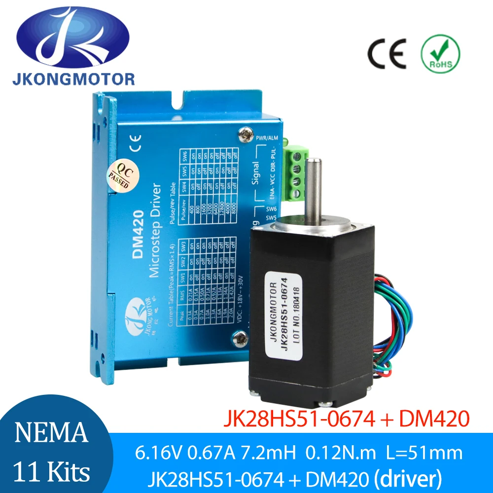 

Набор шагового двигателя Jkongmotor Nema11, гибридный двухфазный электродвигатель 12 Н/см 0,67 а 28x51 мм + DM420 для 3D-принтера XYZ «сделай сам»