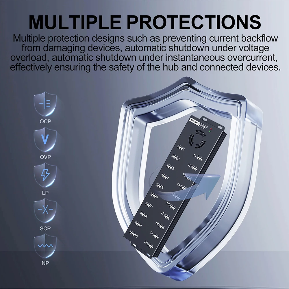 Фото 120W 20-портовый USB-хаб промышленного класса A-805P, зарядная станция для нескольких устройств (телефонов) с адаптером питания 12V 10A для настольного использования №2