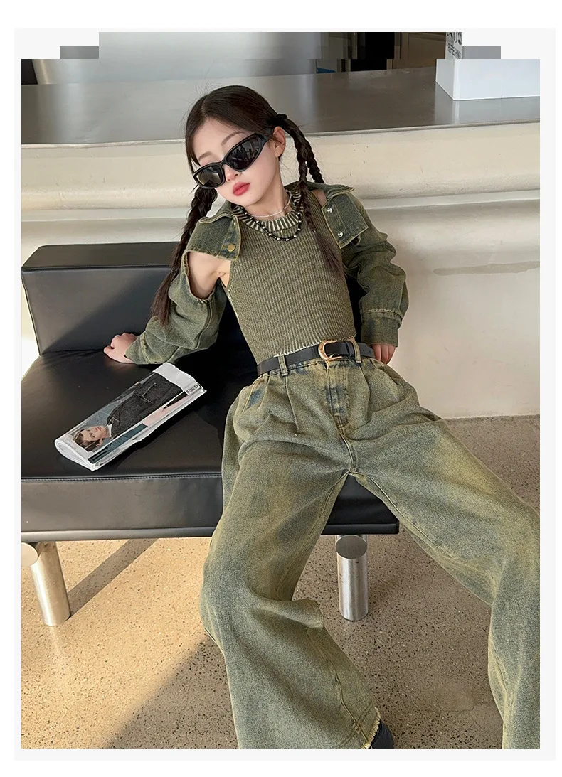 Костюмы для девочек Новинка весна-осень 2024 Трикотажный жилет в Корейском стиле