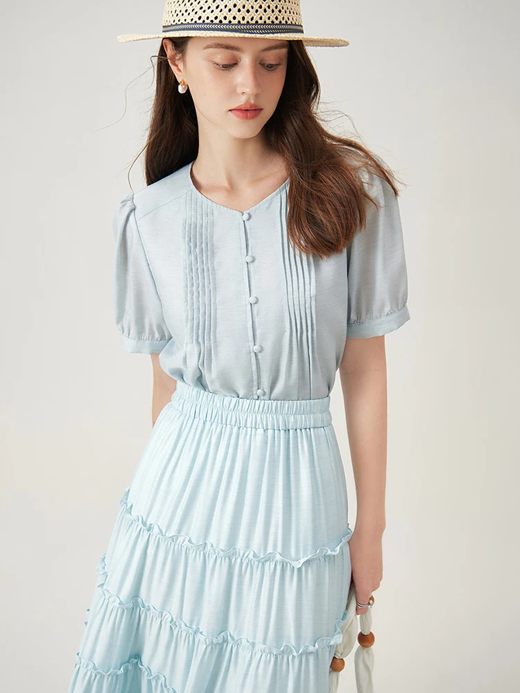 Блузка женская с коротким рукавом однобортная тонкая круглым вырезом