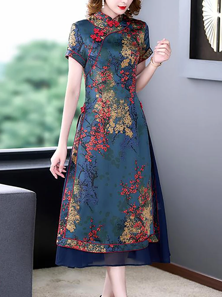 

Женское атласное платье-миди с коротким рукавом, синее элегантное облегающее платье с цветочным принтом в Корейском стиле, повседневная одежда в винтажном стиле для осени, 2023