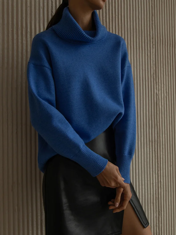 

Однотонный свободный свитер с высоким воротником, Женский вязаный пуловер с длинным рукавом на осень и зиму 2023, теплые удобные женские свит...