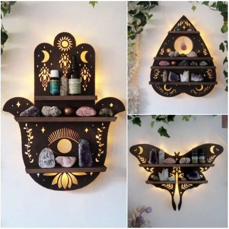 

Home Organizer Wooden Shelf Crystal Essential Oil Storage Rack Art Stone Display Rack Living Room Bedroom Decoration Ornaments