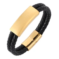 fashion black double 6mm braided leather bracelet for men gold matte or bright stainless steel accessories bangles male jewelry