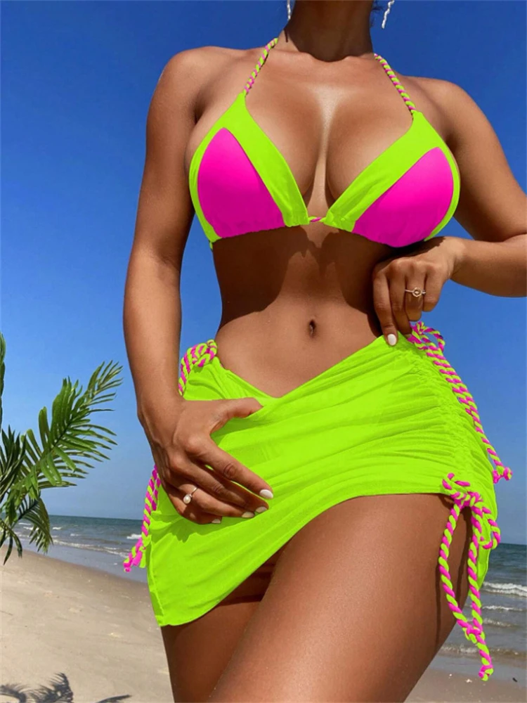 Женский купальник-бикини новинка 2024 однотонный комплект бикини с лямкой на шее