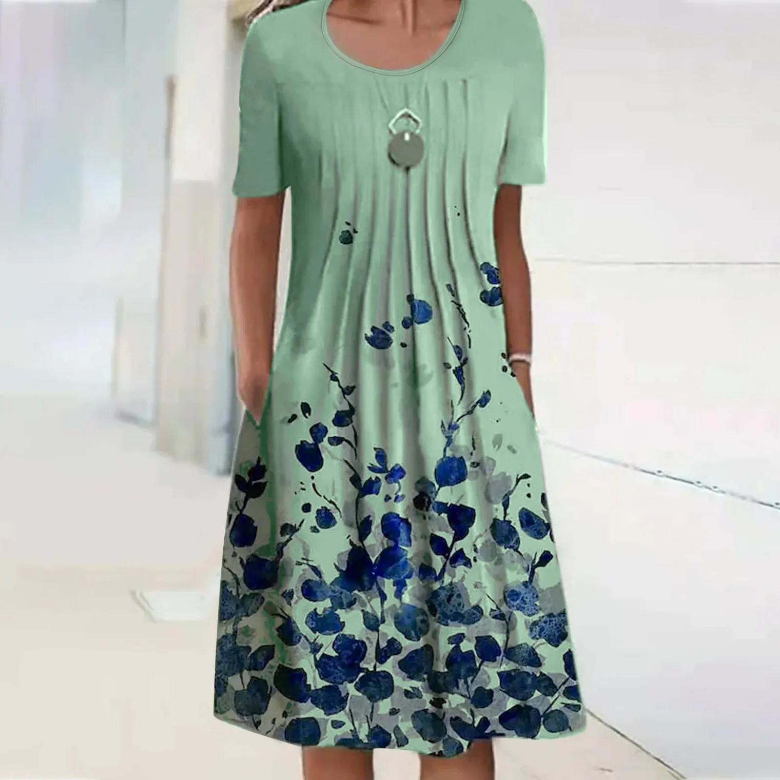 

Summer Floral Sundress Women Short Sleeve Round Neck Pocket Loose Dress Casual Swing T Shirt Dress Vintage Pleated Party Dress