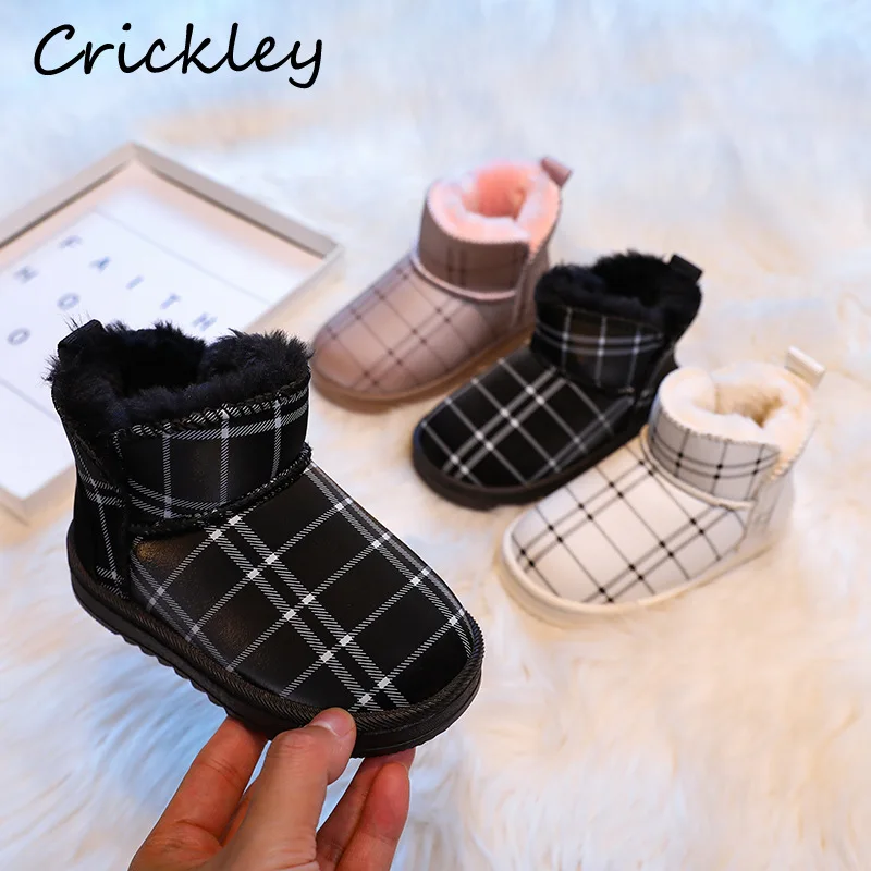 

New Striped Children Snow Boots PU Leather Warm Baby Boys Girls Ankle Shoes Plush Thick Anti Slip Toddler Kids Winter Boots