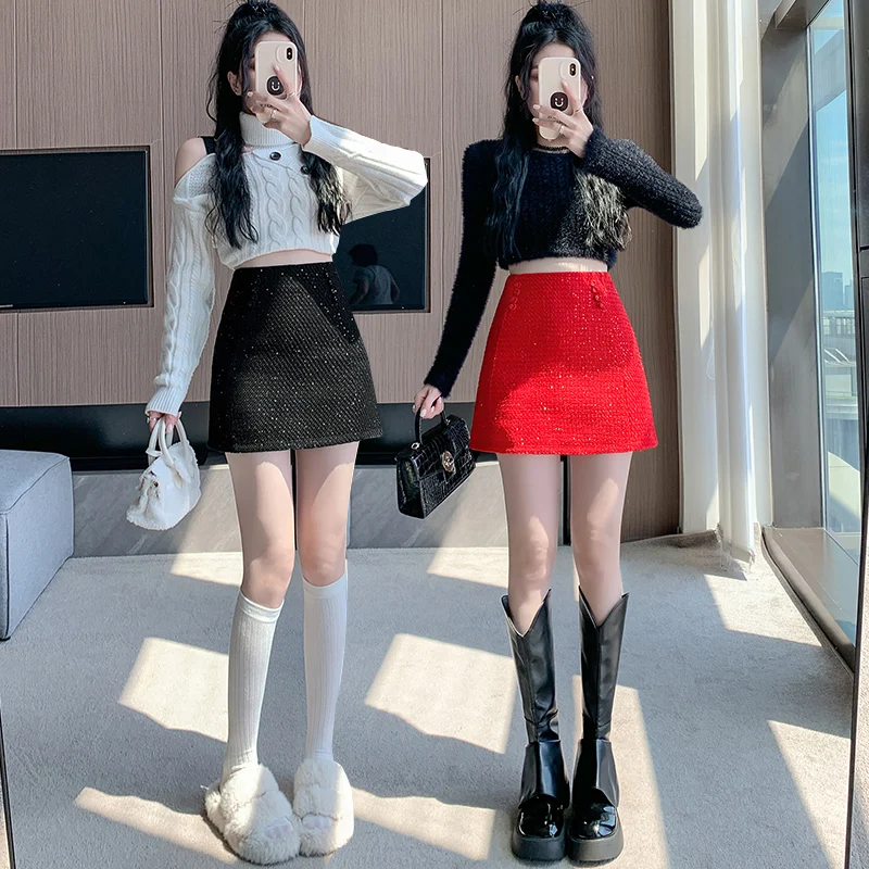 2024 блестящая шелковая шерстяная юбка для женщин осень и зима тонкие короткие