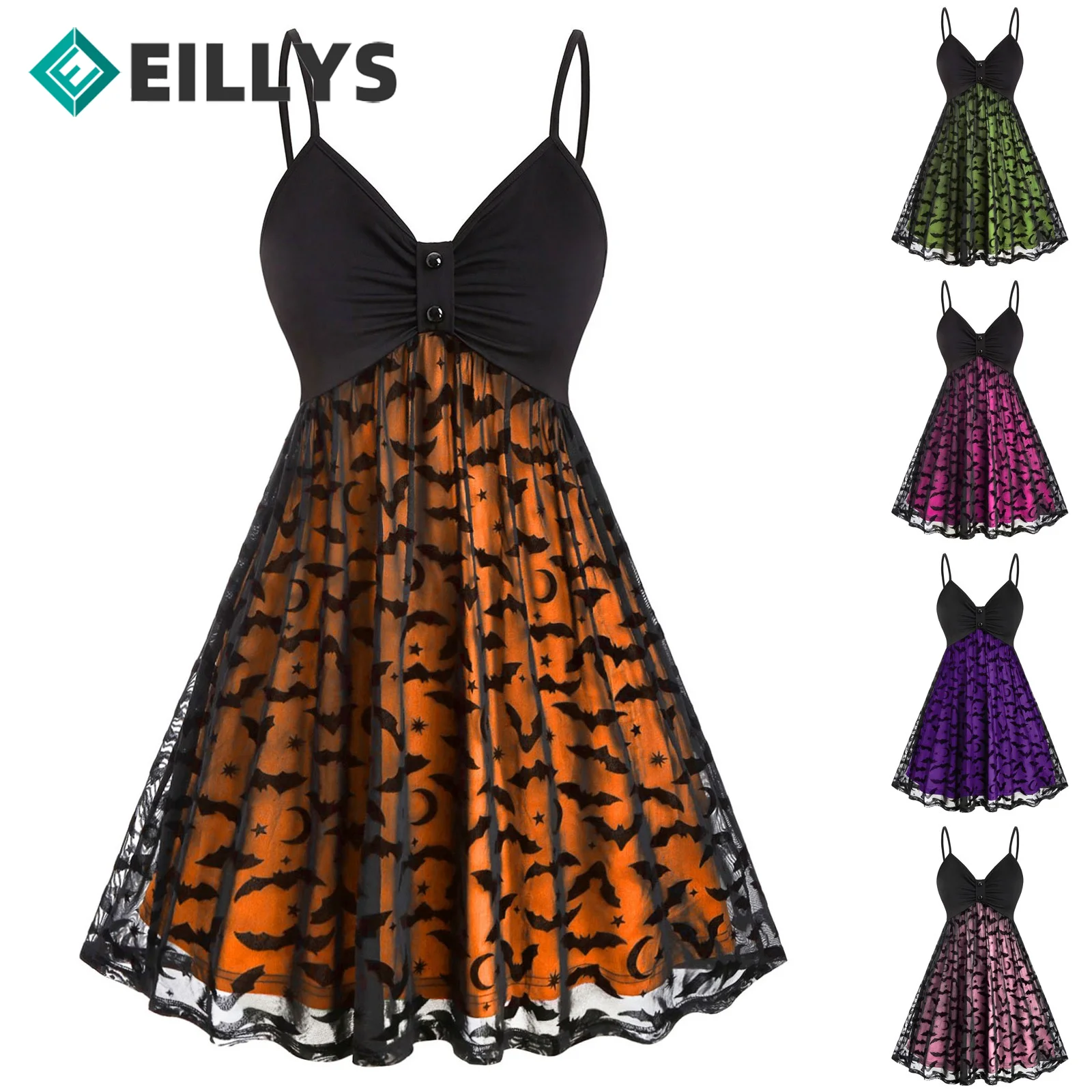 

Women's Slim Strap Dress Vintage Spaghetti Strap Dress Elegant Halloween Women's Party Dresses Women's Printed Mesh Party Dresse