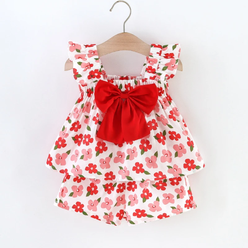 

2022 Baby Girl Outfit Set Flower Print Bow Sleeveless Tops+short Pants 2pcs Sets Baby Girl Clothes Summer Infant Clothes 0-24M
