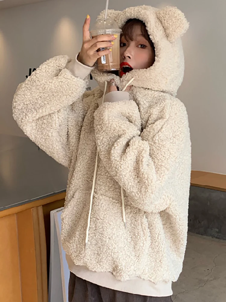 HOUZHOU Kawaii Cute Bear Ears Hoodie Women Autumn Winter Casual Fleece Loose Long Sleeve Pullover Friends Korean Fashion Hoodies