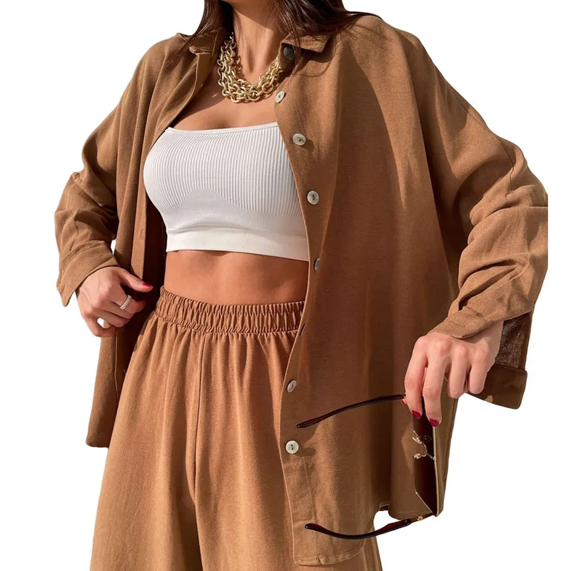 

Women 2Pcs Solid Color Outfits Pant Sets Autumn 2022 Long Sleeve Lapels Single Breasted Shirt Tops Elastic Waist Harem Pants