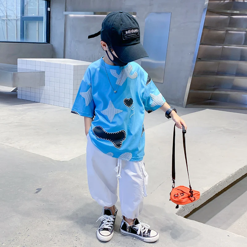 

Boys summer suit 2022 new thin children boys summer clothes handsome fashionable short sleeved trousers summer clothes T-shirt