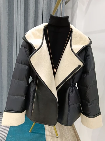 FTLZZ новое зимнее пальто из искусственной кожи ягненка в стиле пэчворк на белом утином пуху Женская модная куртка на молнии с капюшоном Женская Толстая теплая верхняя одежда