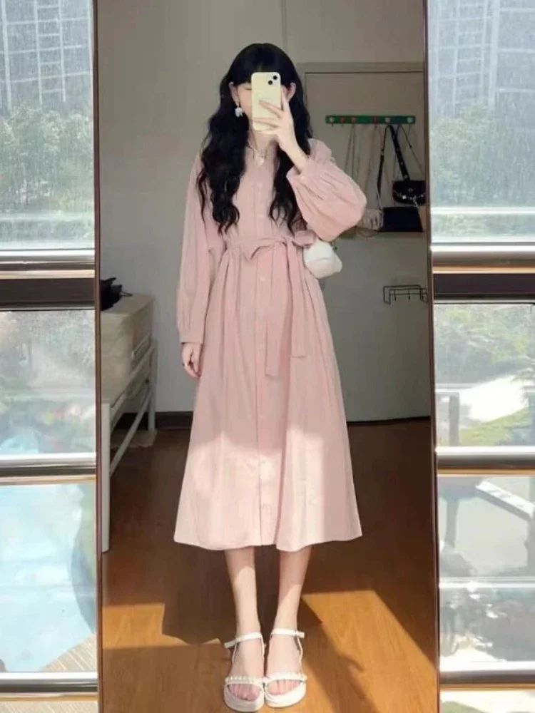 

Элегантные и красивые женские платья, новинка 2023, Осеннее свободное платье с V-образным вырезом, элегантное цельное платье, корейская мода, нежный однотонный Халат