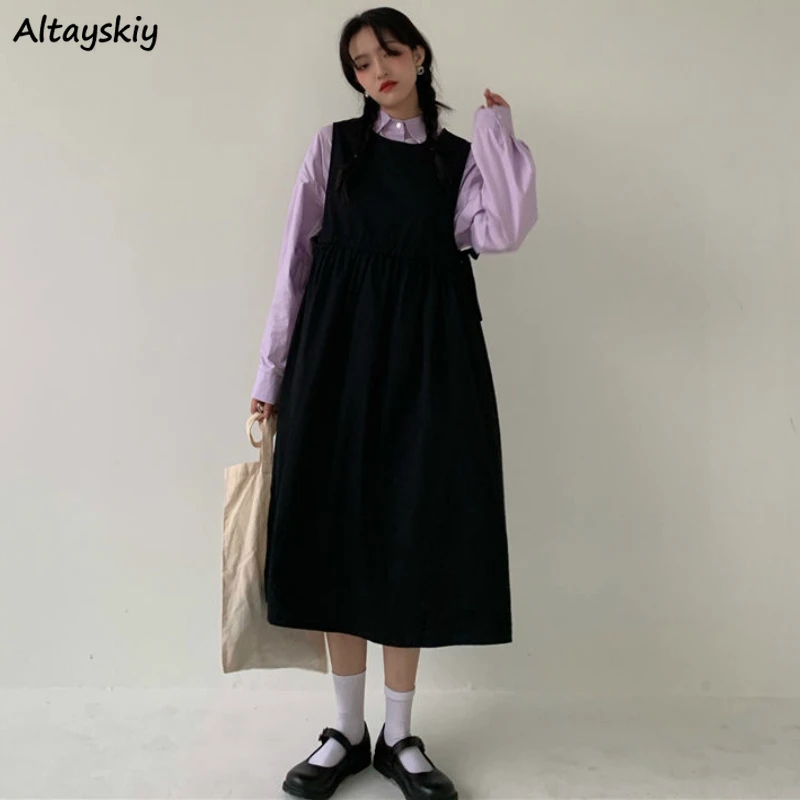 

Women Sets Simple Purple Shirts Loose Baggy Korean Style All-match Strap Dress Elegant Trendy 2 Piece Sweet Lovely Autumn New