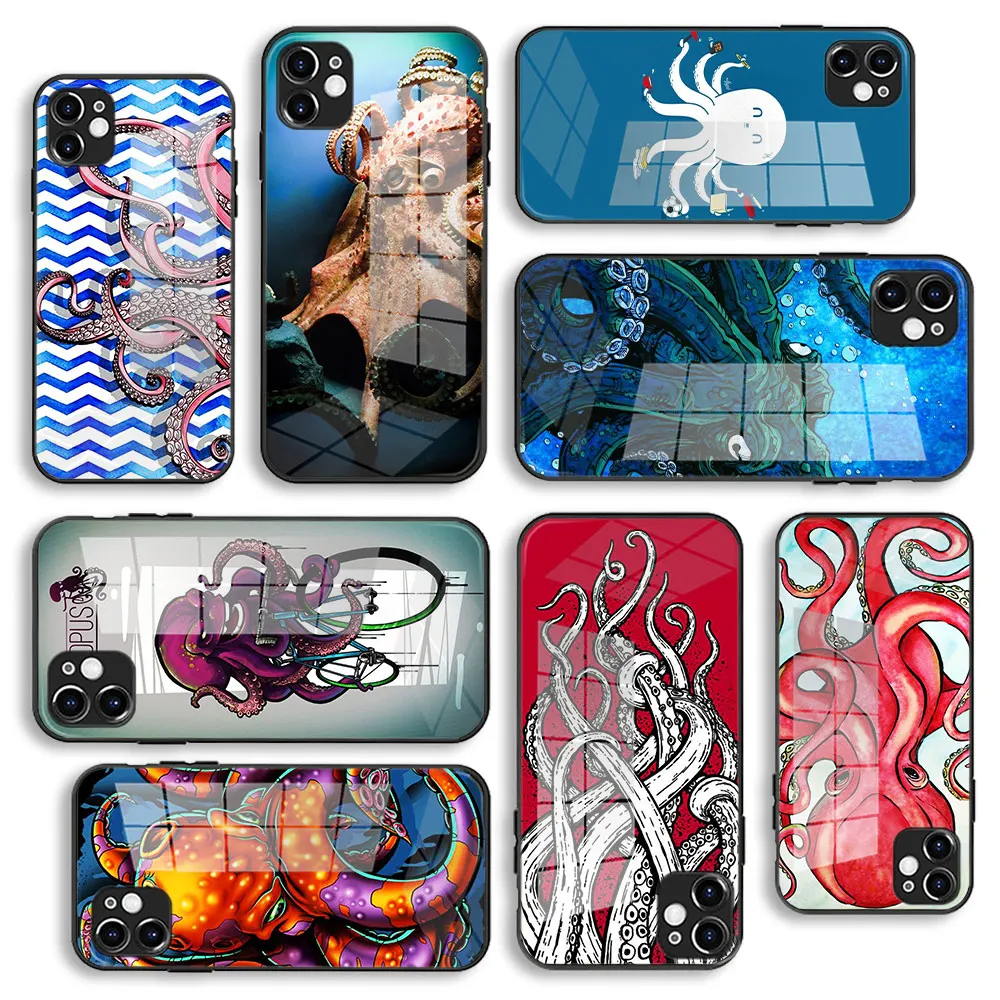 

Lunares Glass Case For iPhone 13 11 12 Mini Pro Max XS XR X 7 8 6 Plus SE Silicone Cover Protection Tentacles of sea octopus